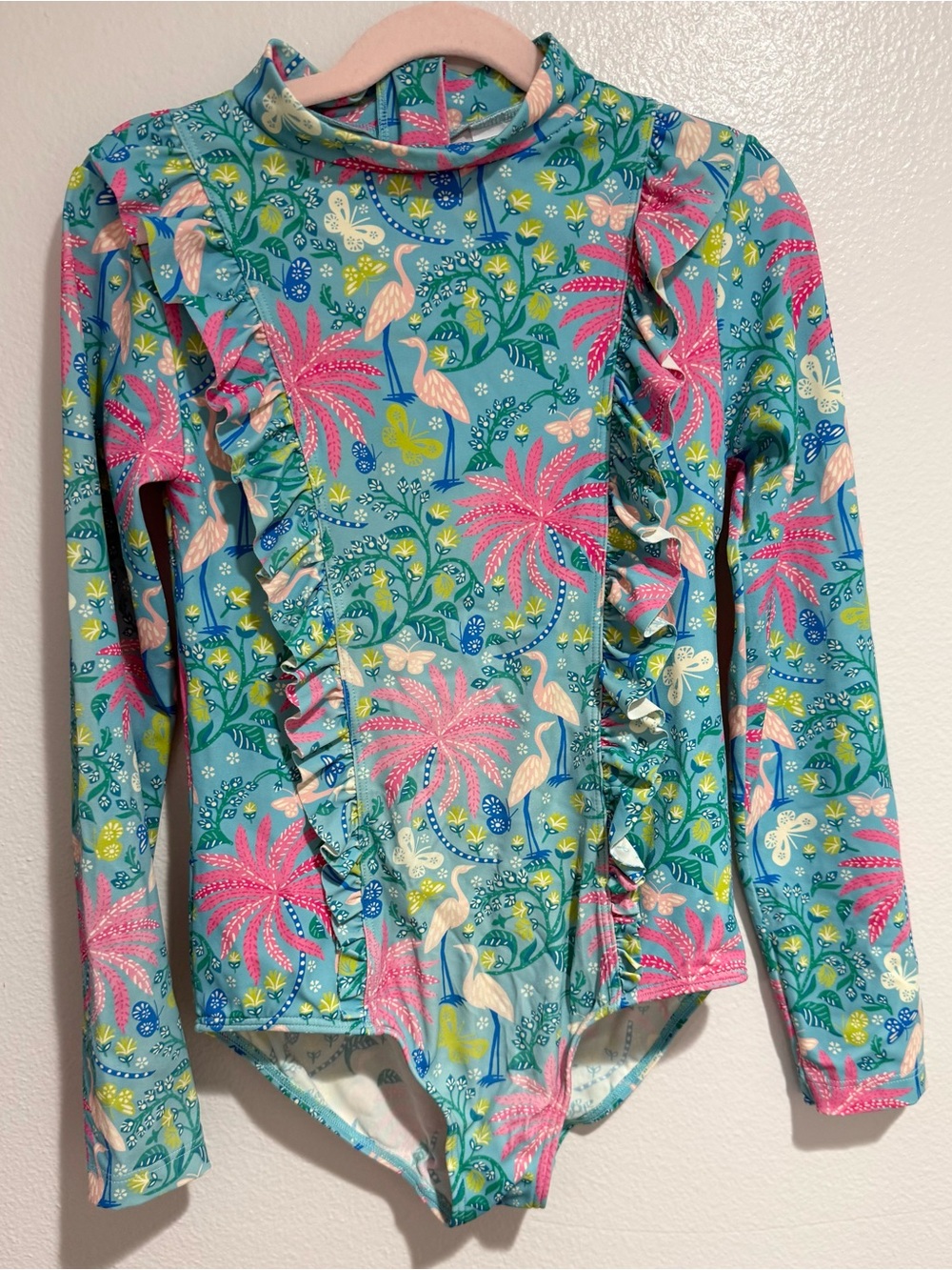 Boden Girls' Long-Sleeve Rashguard Swimsuit - Blue, Pink, Green